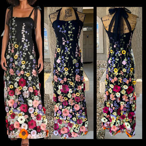 Lulus Thriving Poise Black 3D Floral Embroidered Tie-Strap Maxi Dress Size S